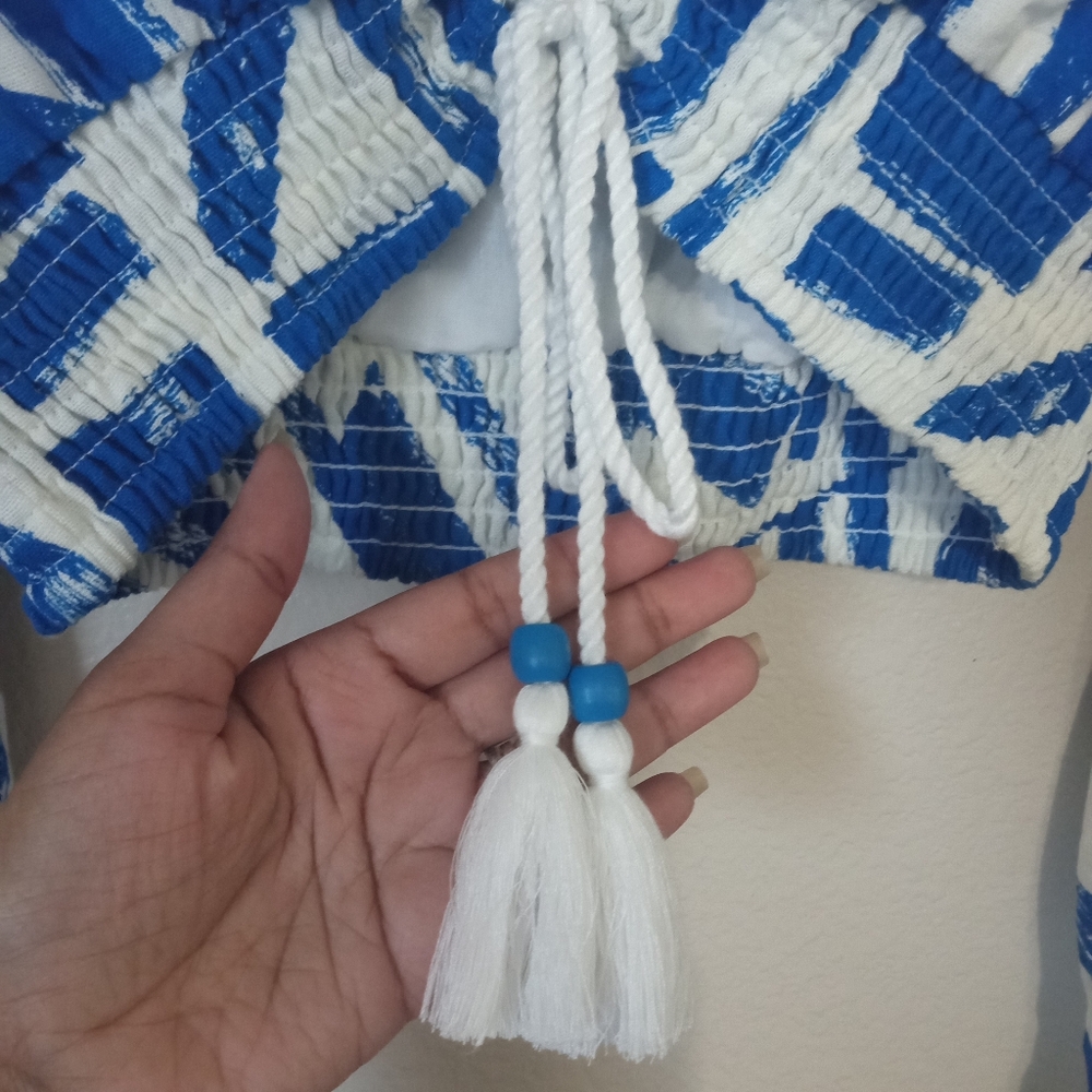 House Of Harlow 1960 Cropped Tassel Beaded Blue & White Top Small - Picture 6 of 8